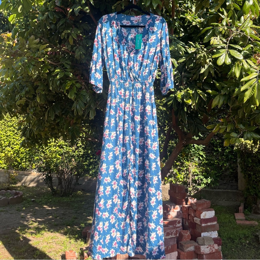 Blue Floral Maxi Dress - Women's Elegant Wrap Style